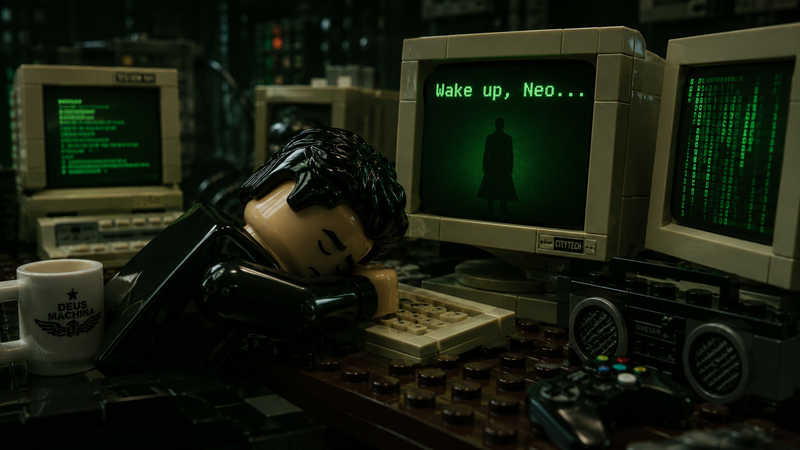 Cinematic photorealistic render of a detailed Lego minifigure styled after Neo f