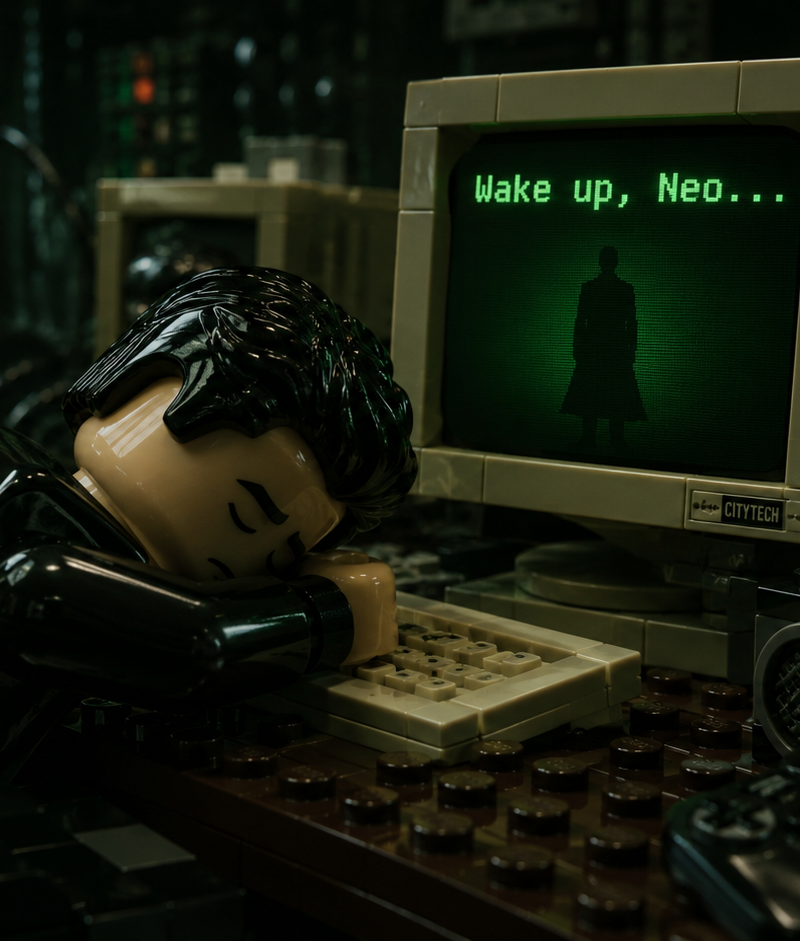 Cinematic photorealistic render of a detailed Lego minifigure styled after Neo f