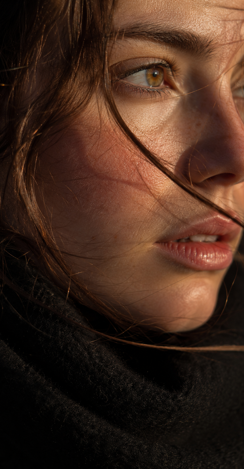 Composition prompt: extreme close-up facial portrait, tilted side angle; gaze lo