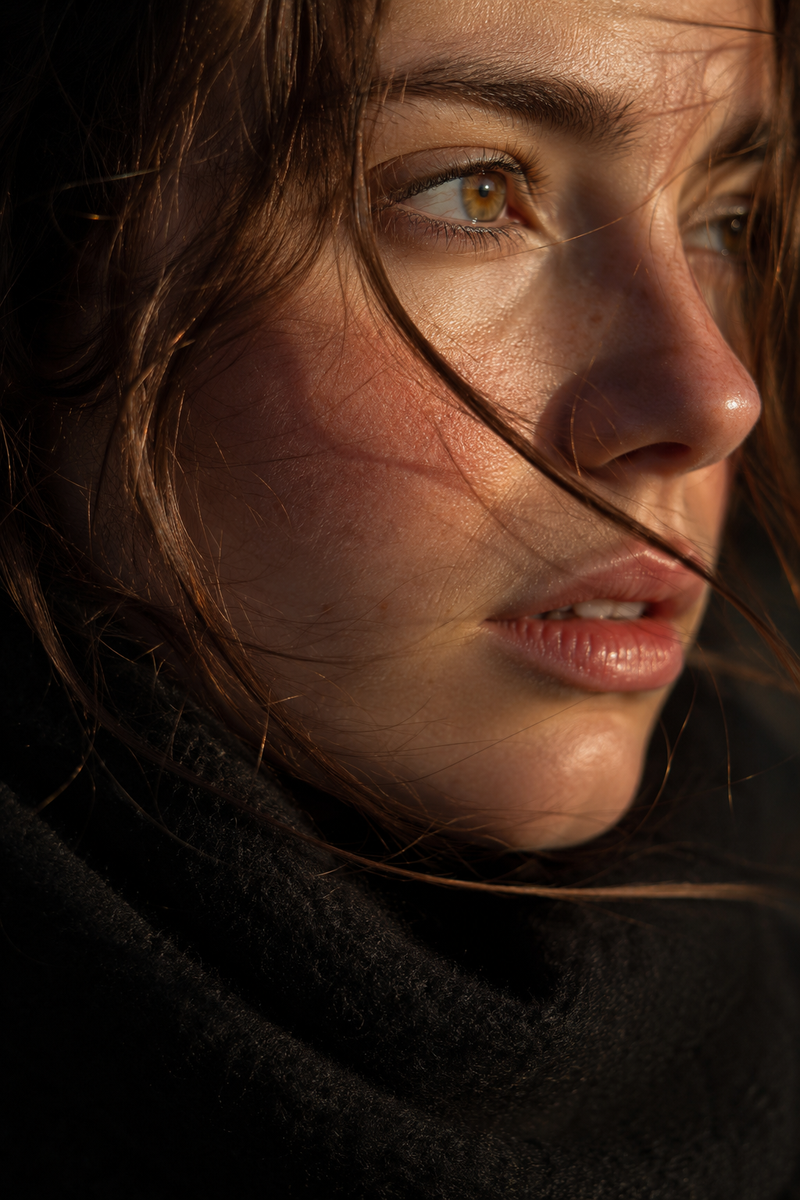 Composition prompt: extreme close-up facial portrait, tilted side angle; gaze lo