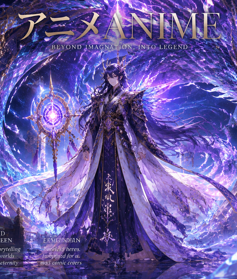 Ultra-detailed cinematic fantasy luxury fashion magazine cover for an Anime medi