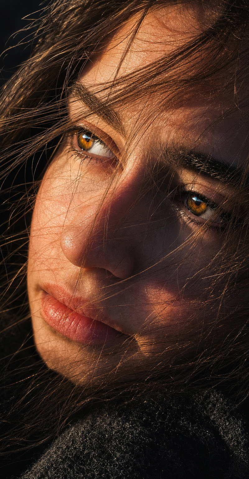 extreme close-up facial portrait, tilted side angle; gaze looking out of frame, 