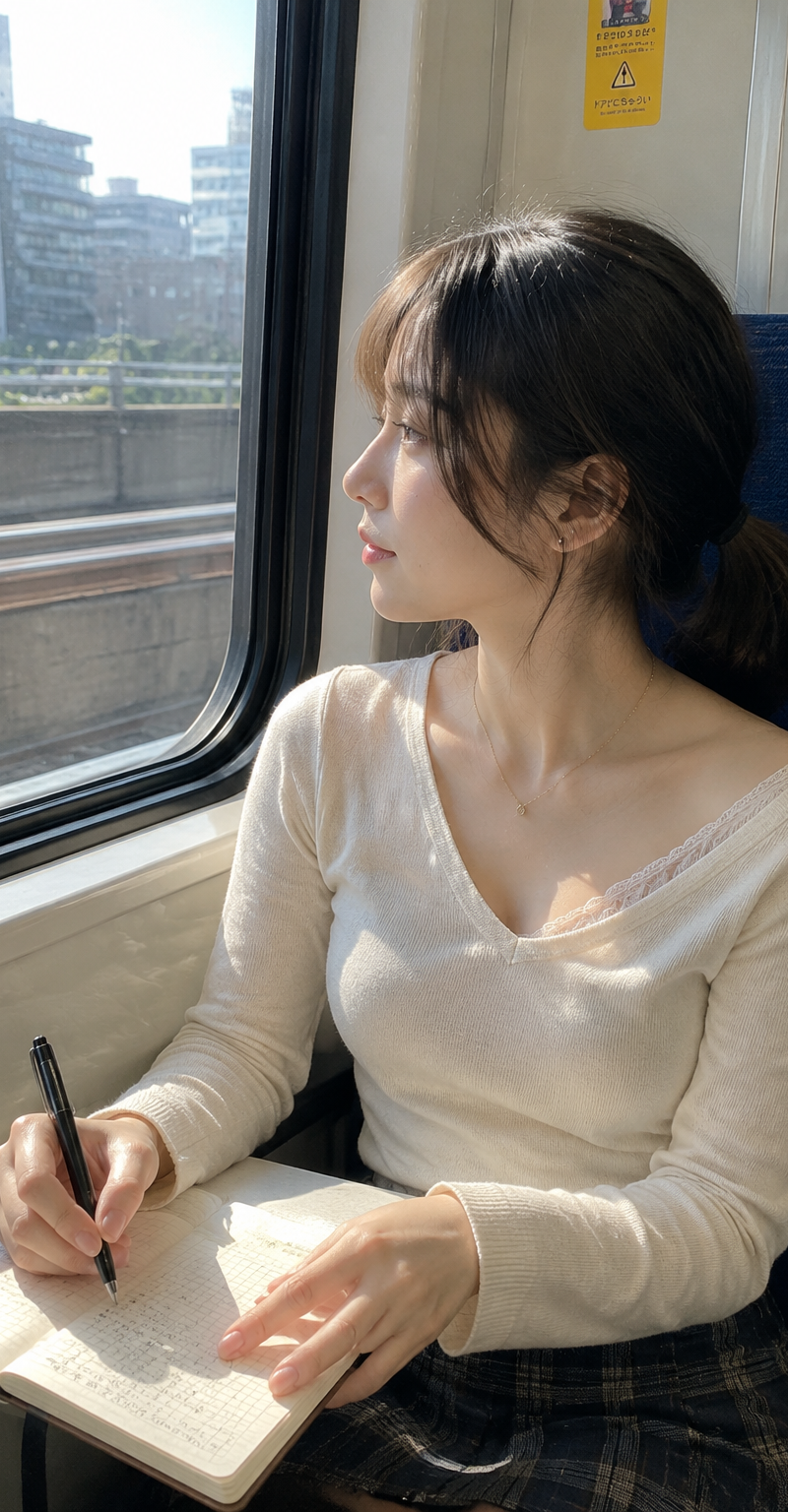 { "subject": { "description": "A young adult woman sitting by the window inside 