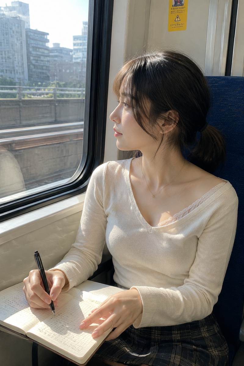 { "subject": { "description": "A young adult woman sitting by the window inside