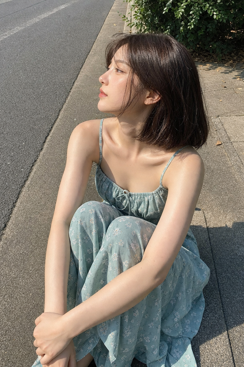 A realistic vertical outdoor phone snapshot of a young adult woman sitting besid