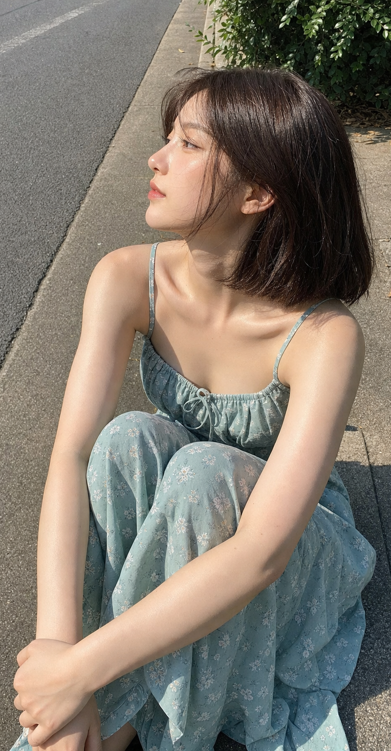 A realistic vertical outdoor phone snapshot of a young adult woman sitting besid