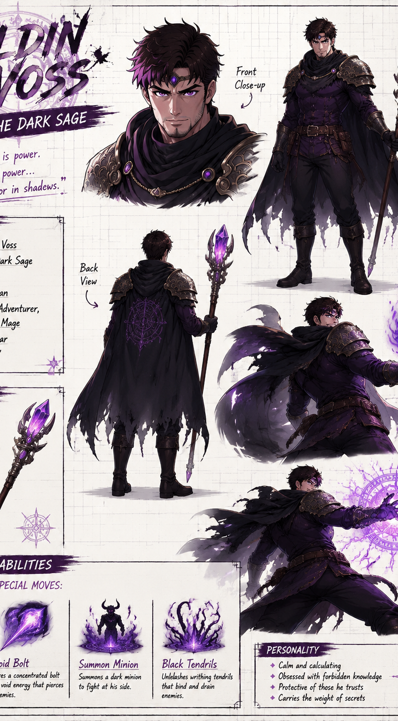 Create a wide, horizontal character reference sheet featuring Aldin (see referen