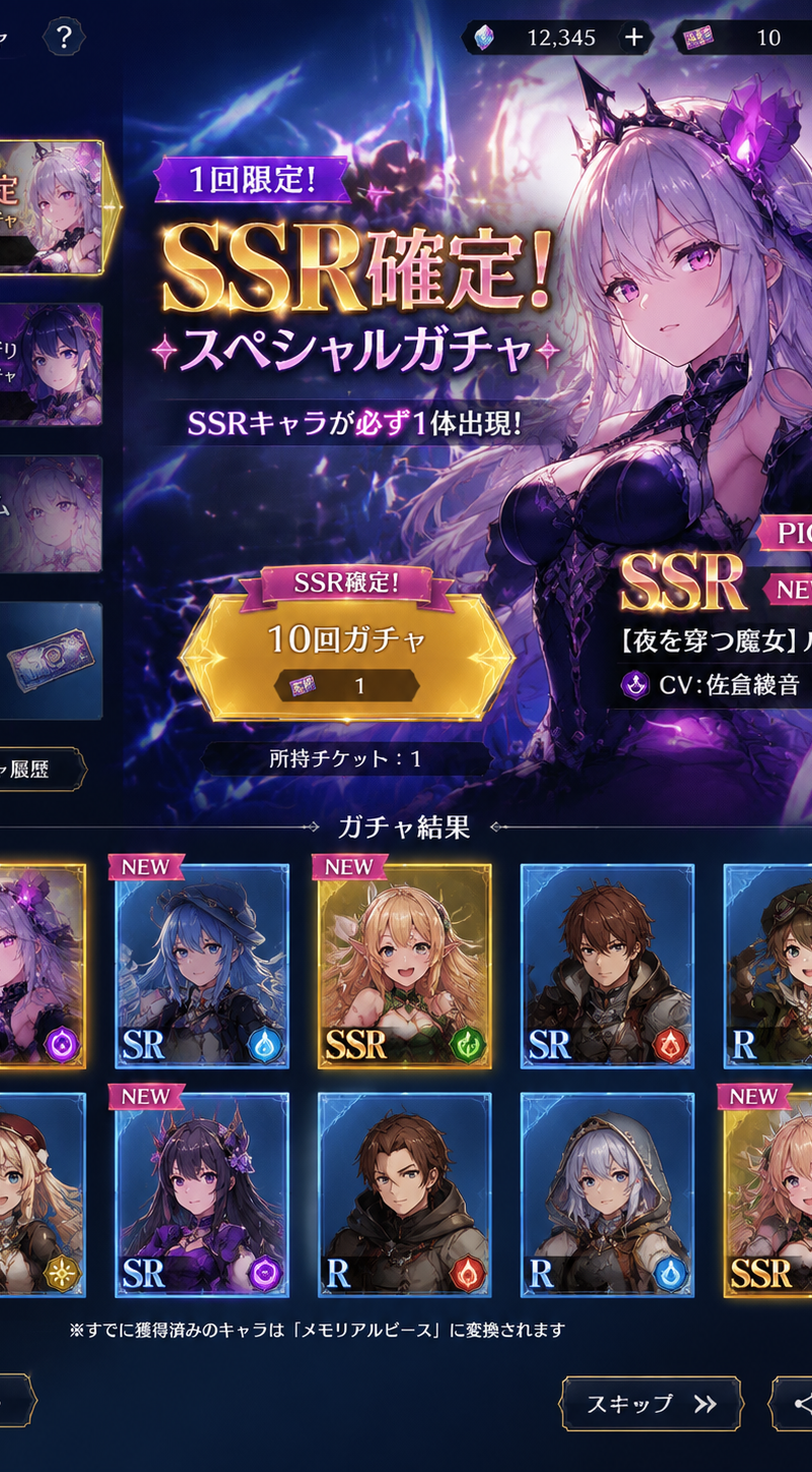 モダンなソシャゲUIのガチャ画面を作成。横長レイアウト、SSR確定ガチャ、限定感を演出して。周囲に「SSR」「NEW」「ピックアップ」などのUIバッジ、ガチャボ