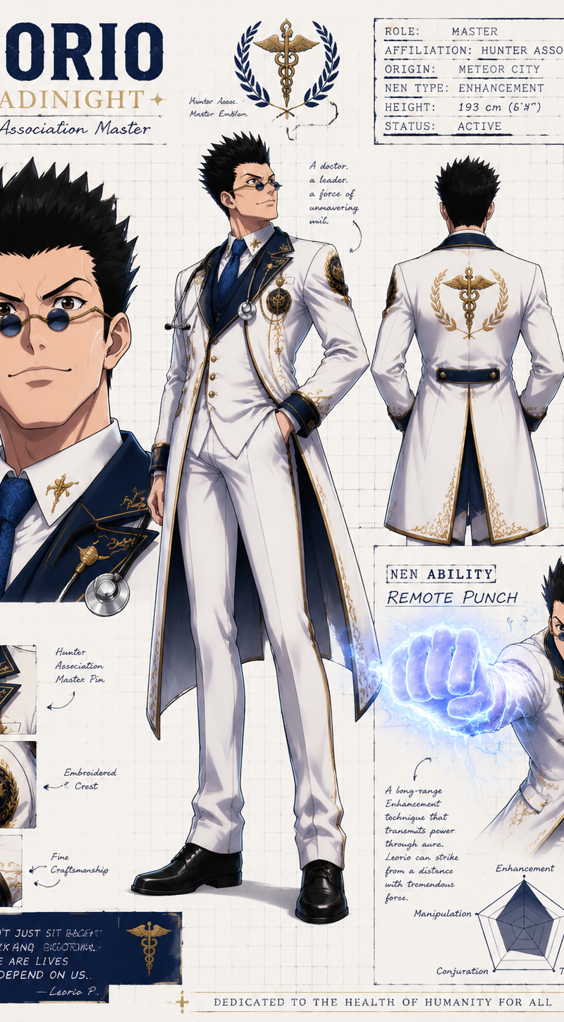 Create a wide, horizontal character reference sheet featuring Leorio as a new ma