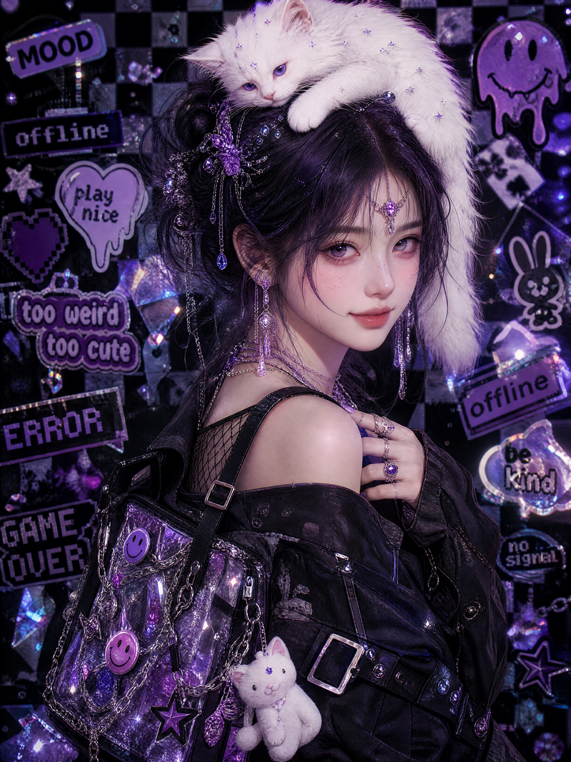 主体核心 超写实精致少女，淡紫渐变通透大眼，粉调柔润无瑕皮肤，细腻真实皮肤肌理，通透水光唇，温柔浅笑，蓬松深紫带银闪碎发高盘发，发丝缠绕水晶碎钻流苏发饰、紫色立