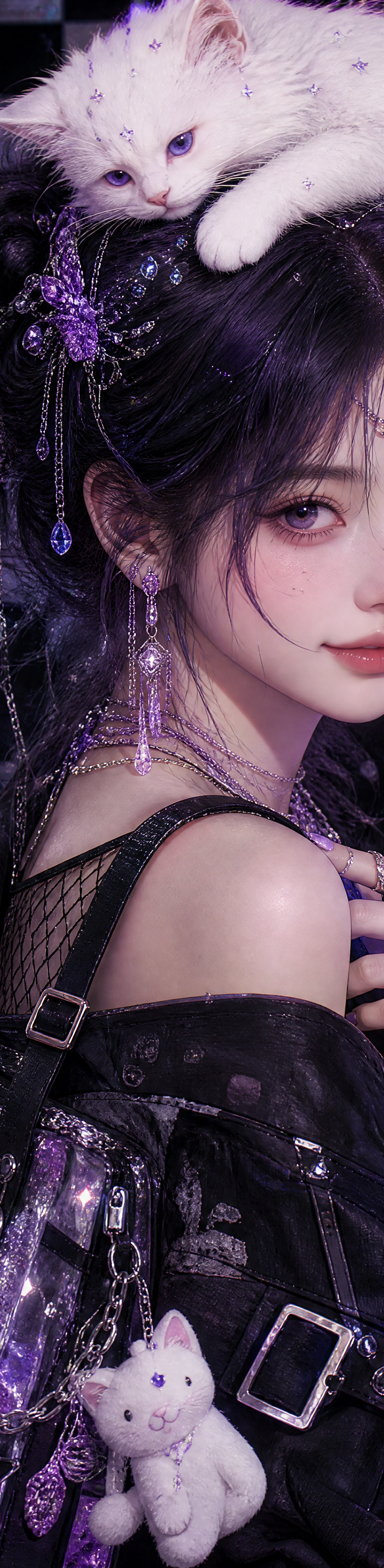 主体核心 超写实精致少女，淡紫渐变通透大眼，粉调柔润无瑕皮肤，细腻真实皮肤肌理，通透水光唇，温柔浅笑，蓬松深紫带银闪碎发高盘发，发丝缠绕水晶碎钻流苏发饰、紫色立