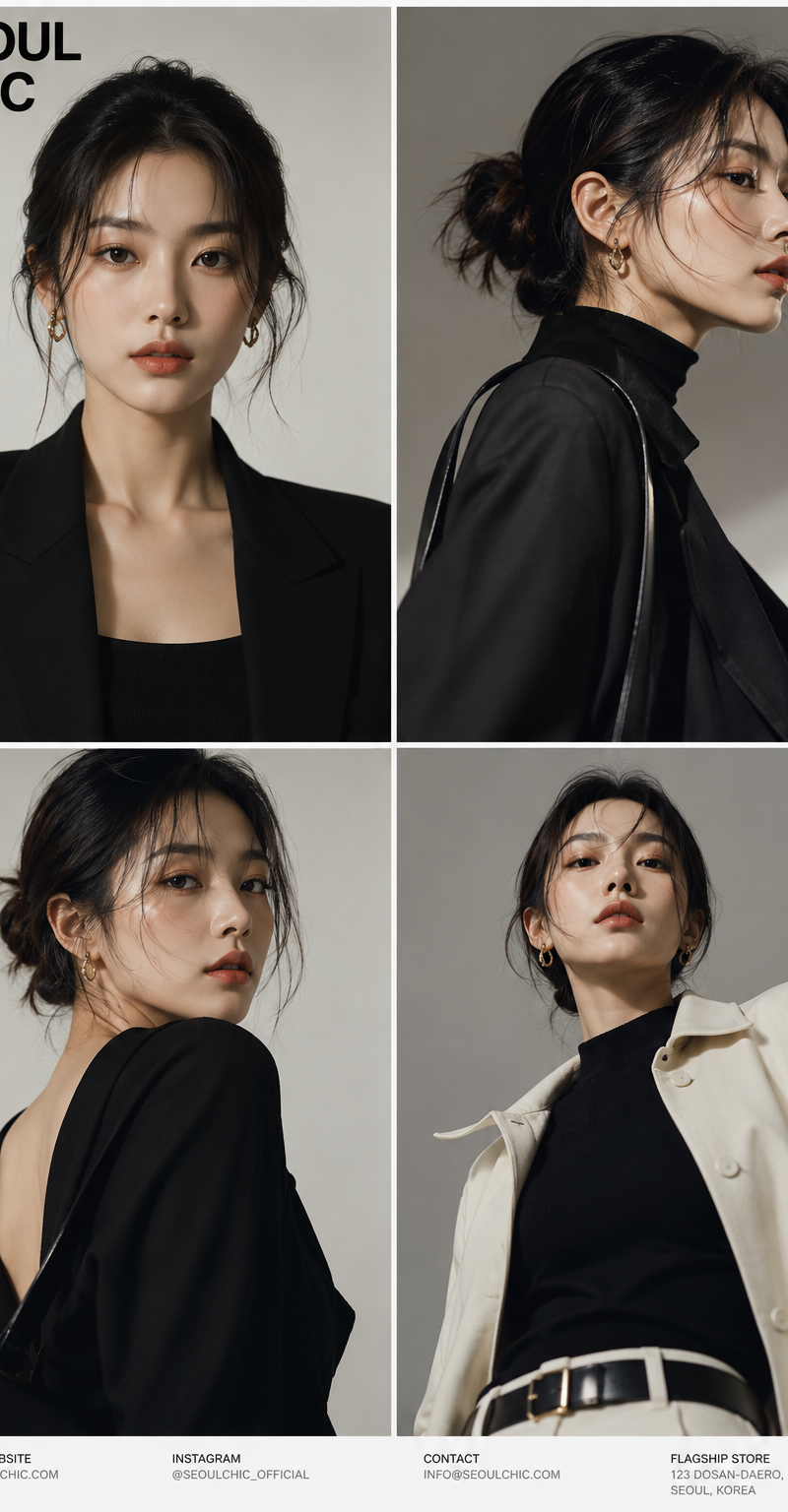Create a premium high-fashion editorial series featuring a stylish Korean female