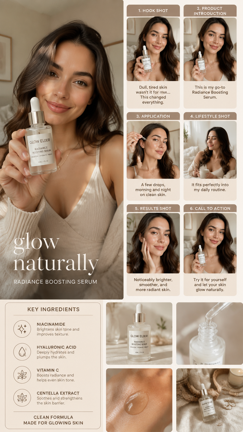 (Luxury AI UGC skincare campaign board), warm beige aesthetic, beautiful female 