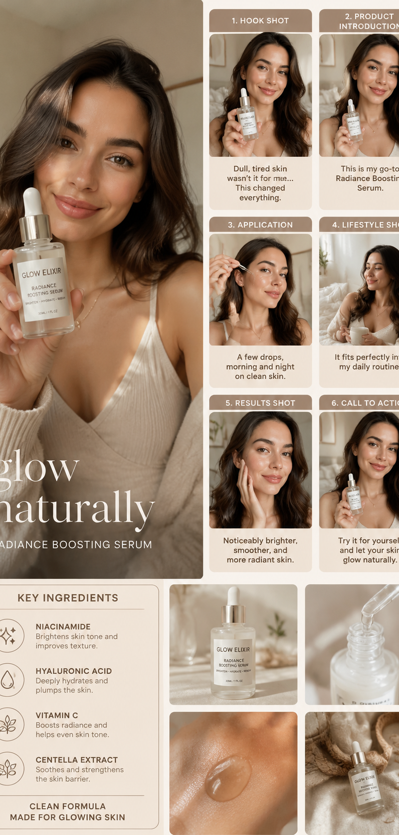 (Luxury AI UGC skincare campaign board), warm beige aesthetic, beautiful female 