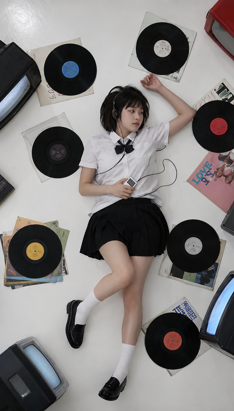 A top-down perspective of a short-haired Japanese high school girl lying on a wh