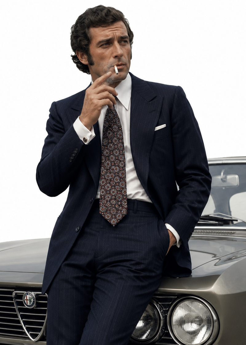 a man in an elegant business suit in 1972 Italy smoking while leaning against a 
