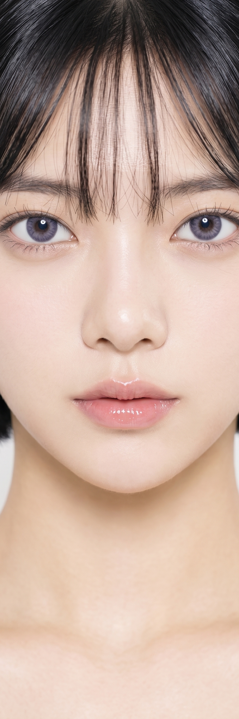 Ultra close-up beauty portrait, head-and-shoulders framing, face filling most of