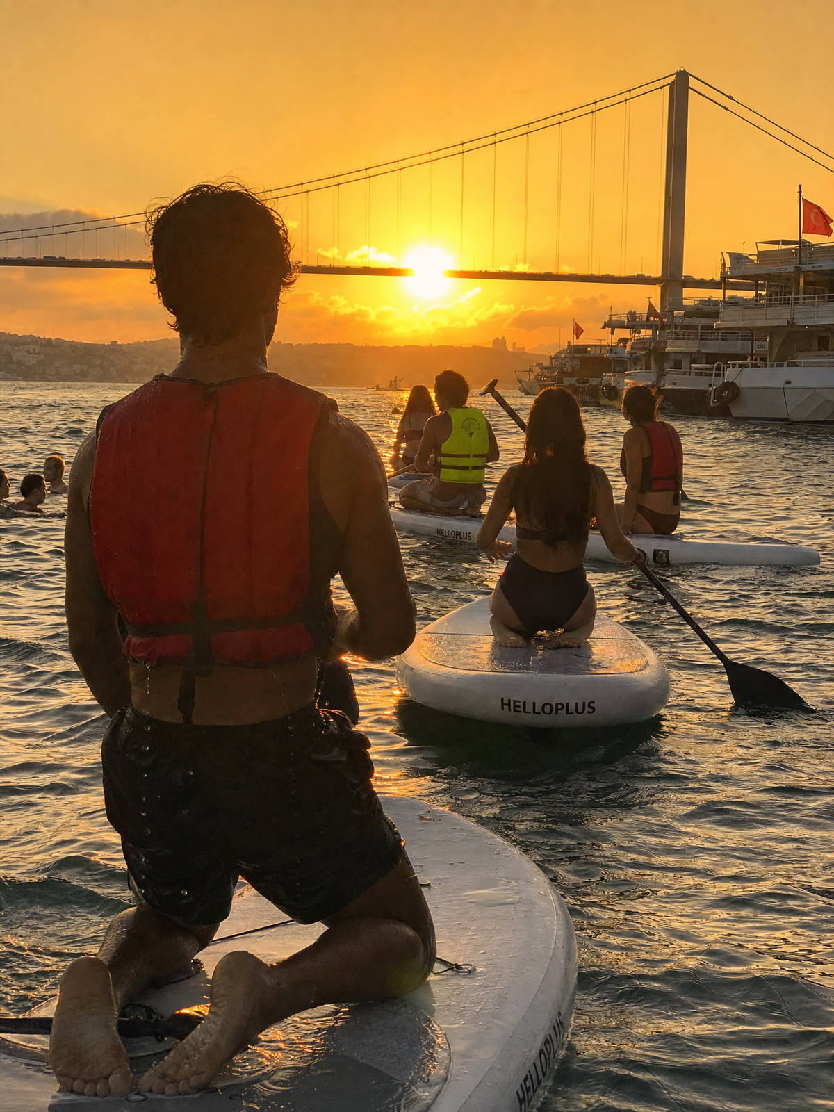 ```json { "subject": { "description": "Multiple figures paddleboarding on a rive