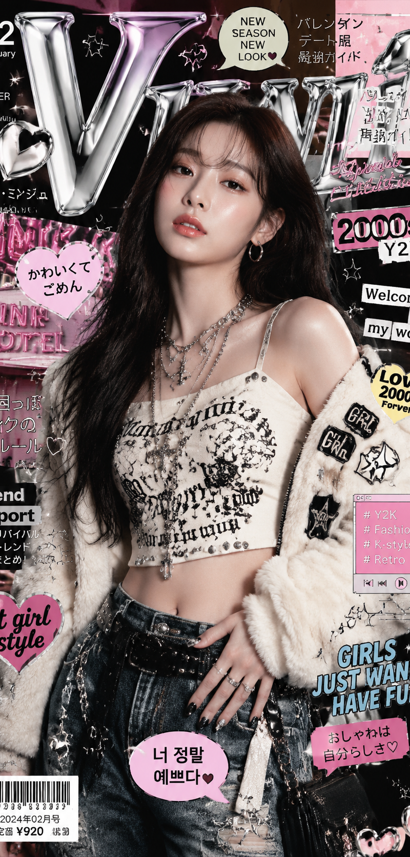 High-fashion Y2K-inspired editorial artwork featuring a stylish young East Asian