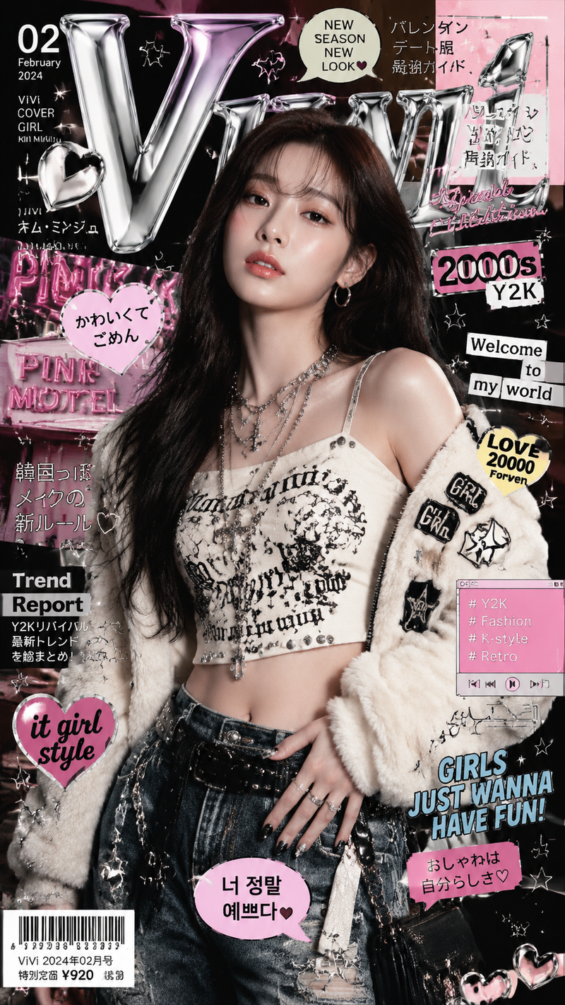 High-fashion Y2K-inspired editorial artwork featuring a stylish young East Asian