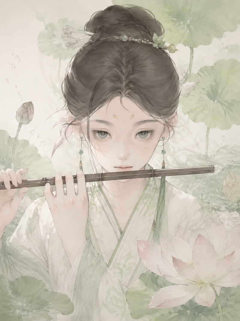 masterpiece, chinese ancient style girl, holding bamboo flute, front-facing port
