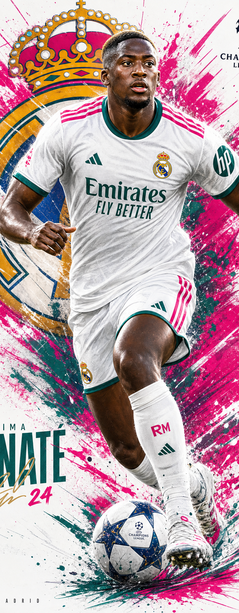 **Crea una ilustración deportiva de élite inspirada en el Real Madrid, combinand