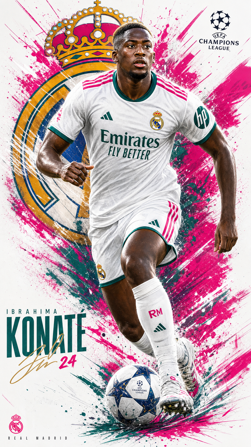 **Crea una ilustración deportiva de élite inspirada en el Real Madrid, combinand