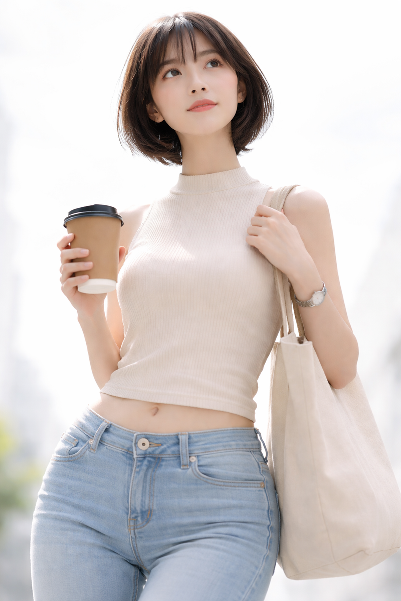 A fresh high-key white-background lifestyle portrait of a young woman in her 20s