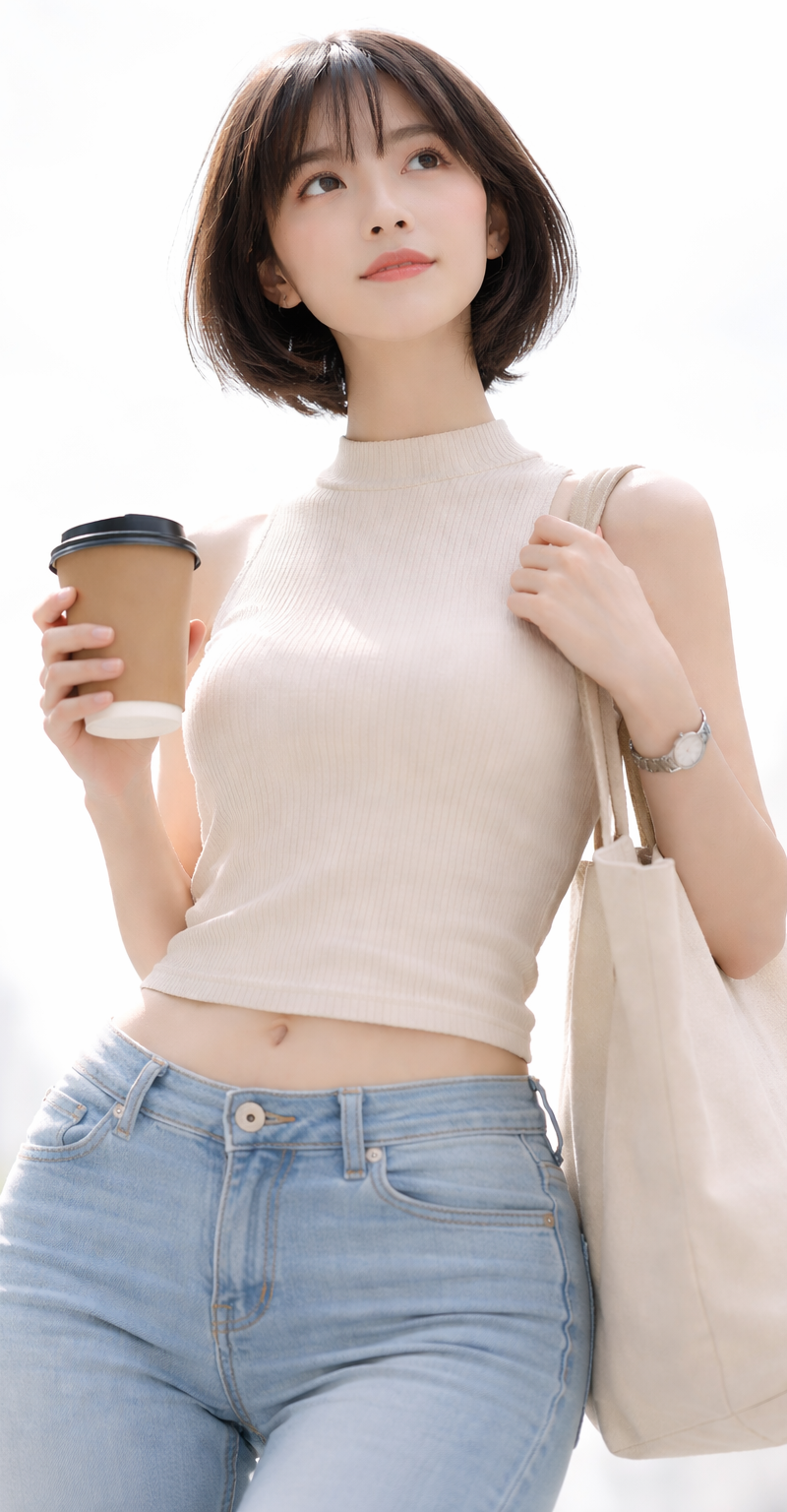 A fresh high-key white-background lifestyle portrait of a young woman in her 20s