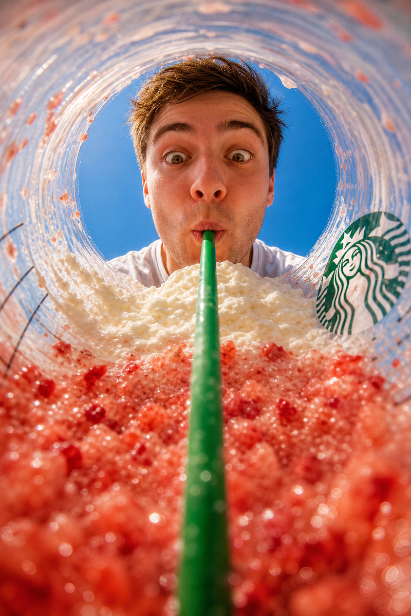 { "prompt": "View from inside a Starbucks strawberry frappuccino cup looking up,