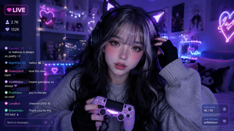 A front-facing medium close-up webcam/live-streaming shot of a gamer girl seated