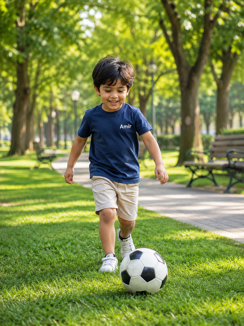 Park Scene (Start – Happy Boy) Prompt: A cinematic scene of a little boy named A