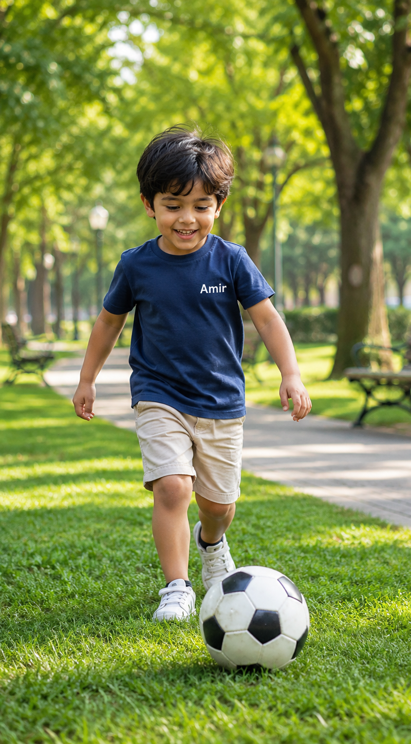 Park Scene (Start – Happy Boy) Prompt: A cinematic scene of a little boy named A