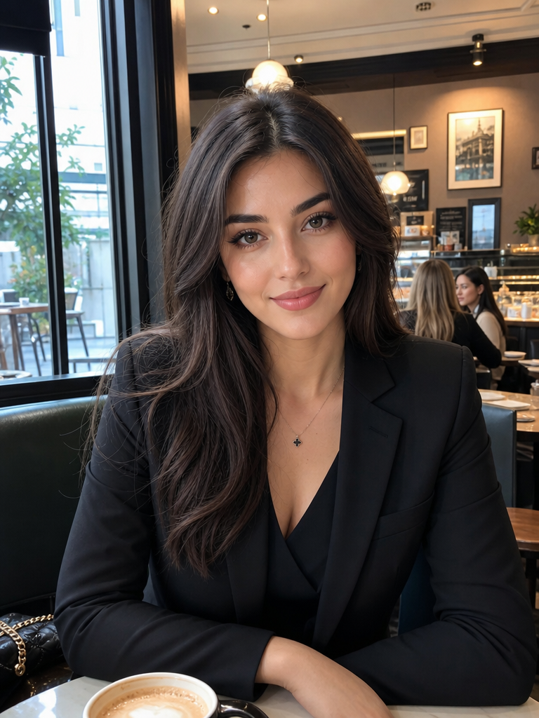 A beautiful woman in black suit on cafe face camera