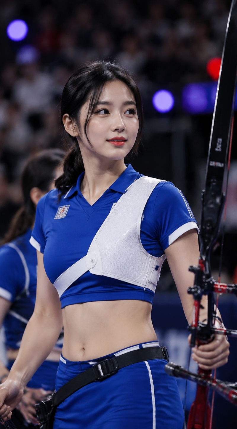 Ultra realistic sports photography, young East Asian female archer standing in a