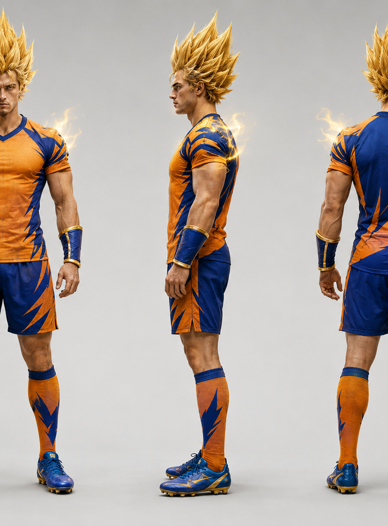 Character design sheet, three-view turnaround of the same live-action cosplay fo