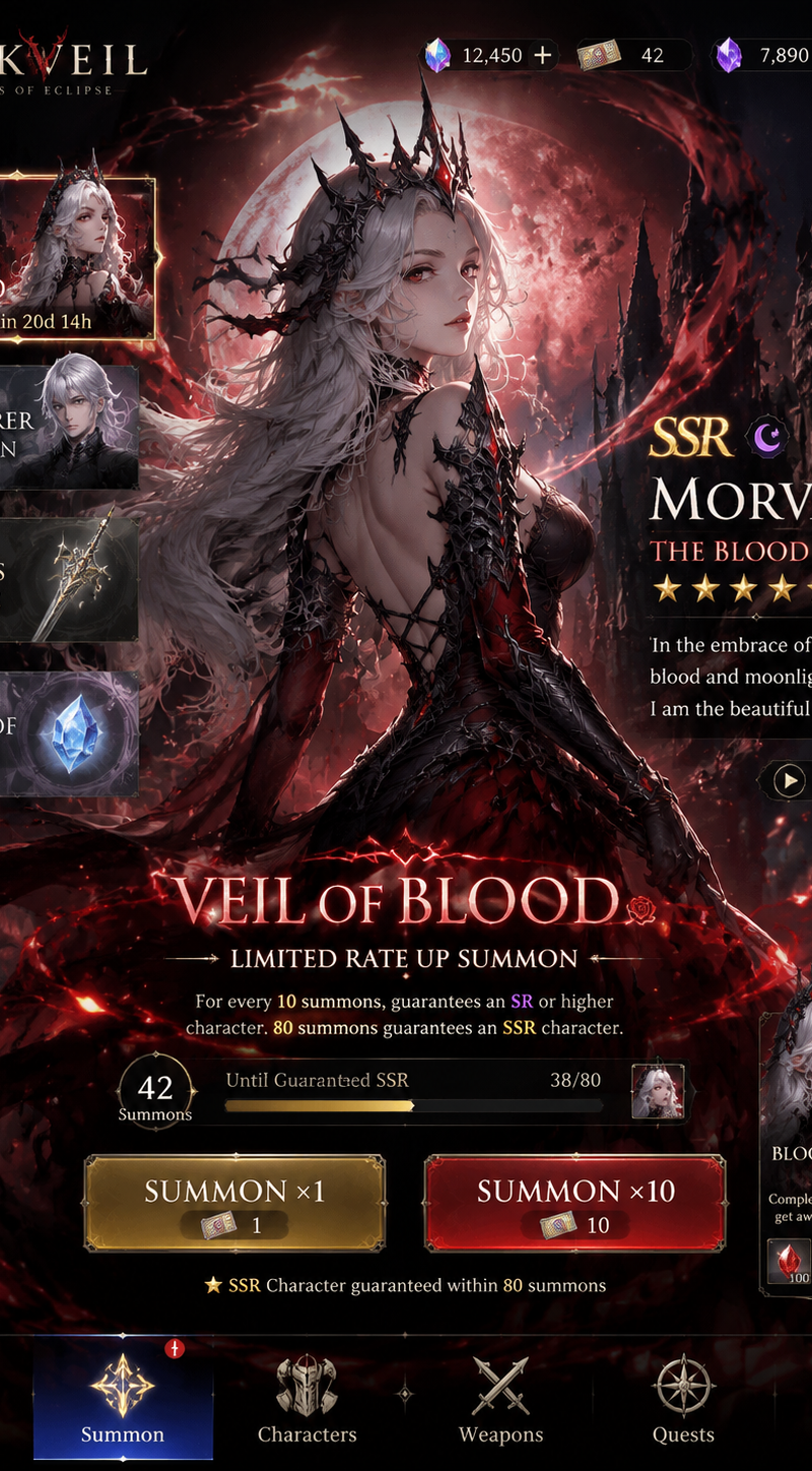 Design a high-end gacha summon page for a new mobile game titled [Game Title], i
