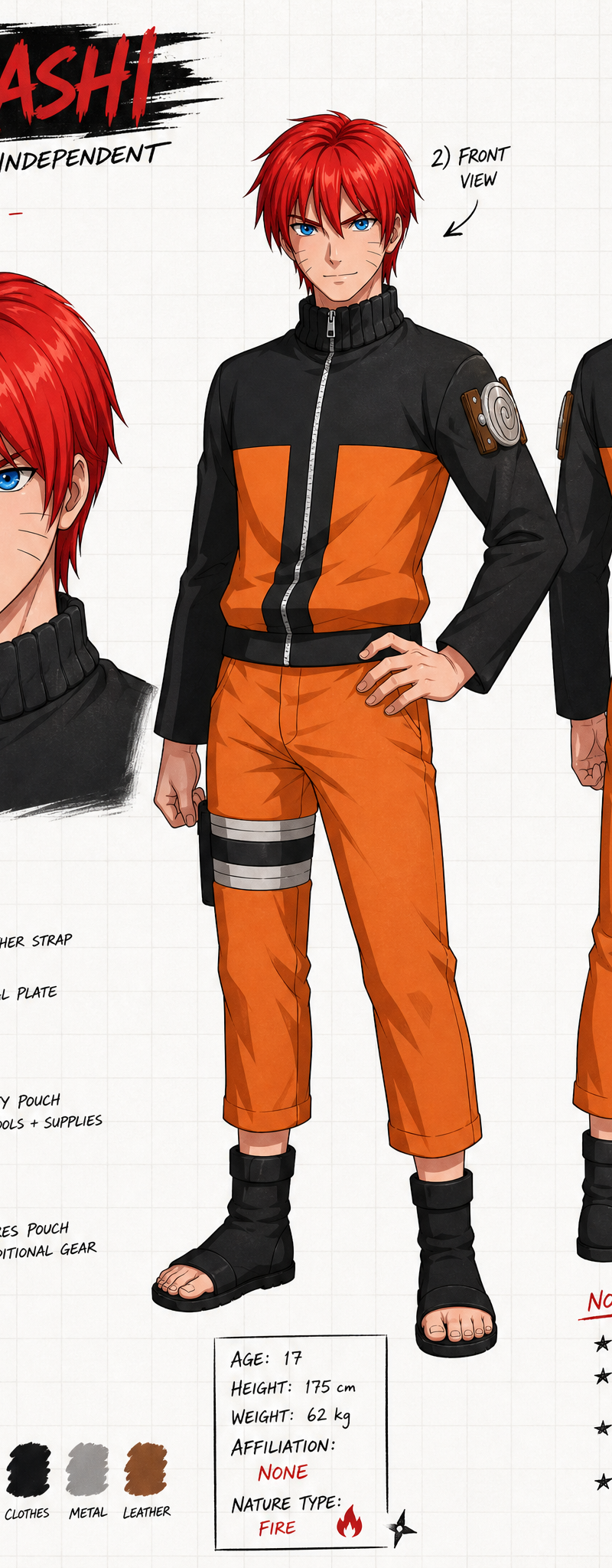 Create a wide, horizontal character reference sheet featuring Naruto Uzumaki fro