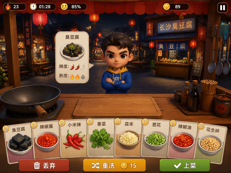 A screenshot from a real mobile card game about Chinese street food cooking