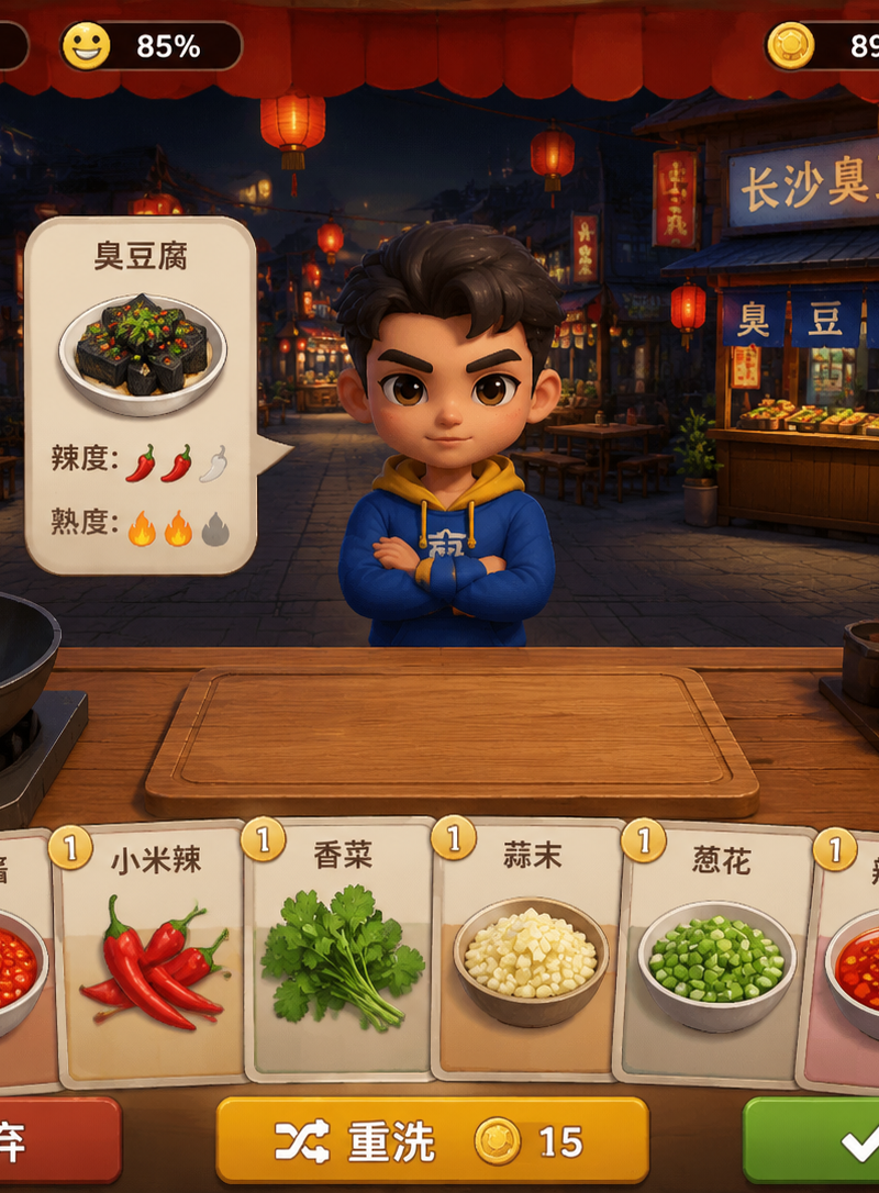 A screenshot from a real mobile card game about Chinese street food cooking