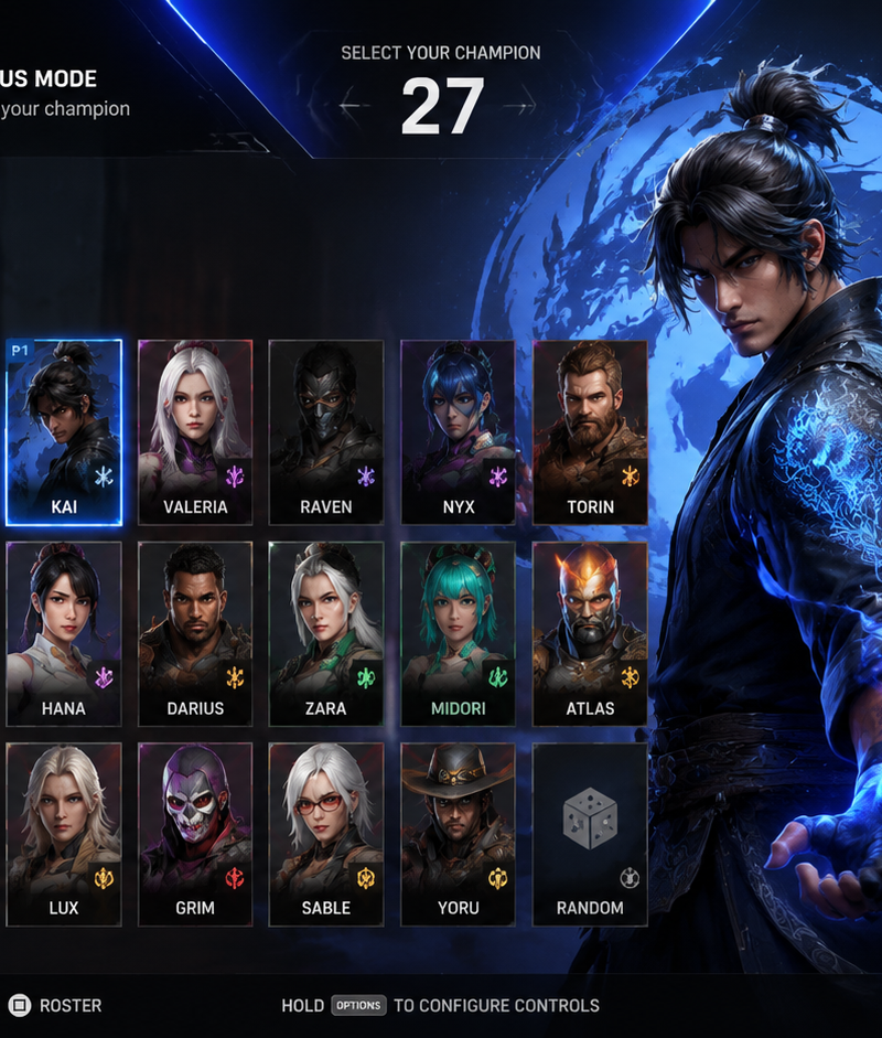 Create a premium, highly believable Character Select Screen for an imaginary gam