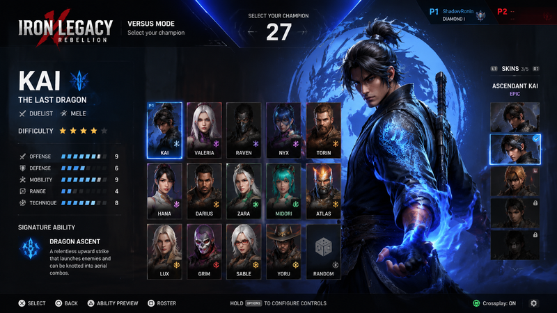 Create a premium, highly believable Character Select Screen for an imaginary gam
