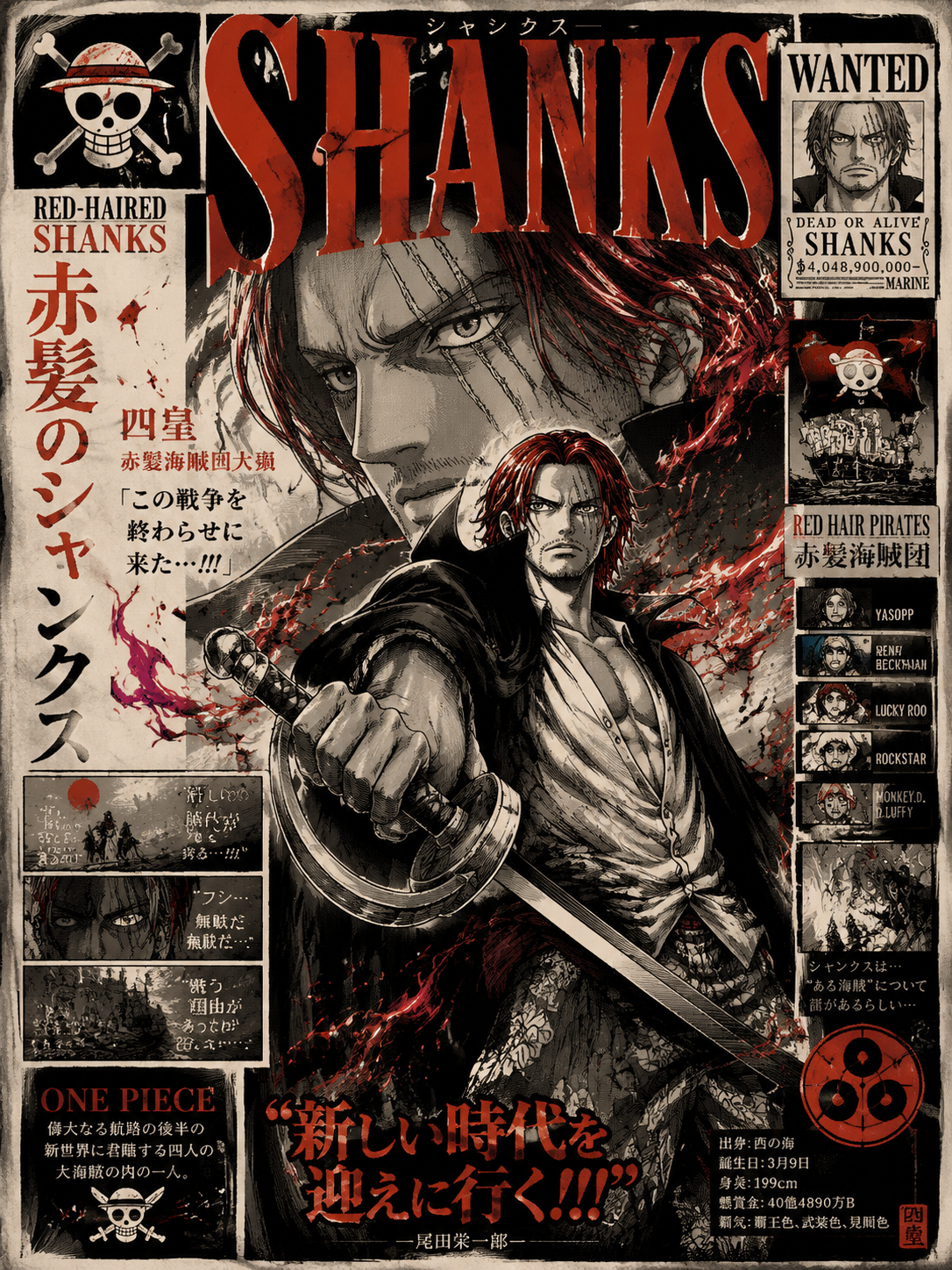 Epic anime character poster design inspired by classic manga cover layouts, feat