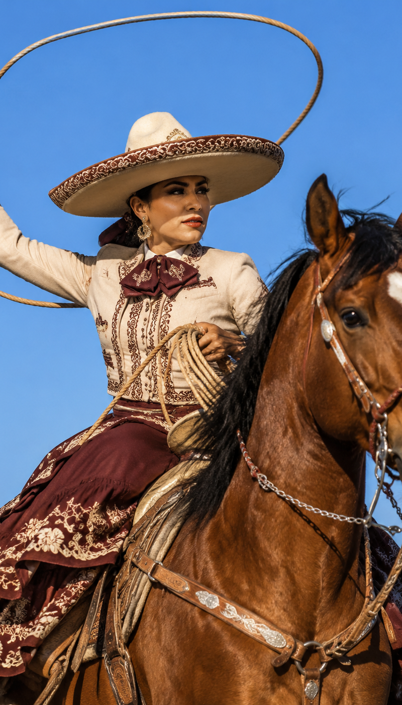 A woman dressed as a charra on horseback, holding a lasso against a clear blue s