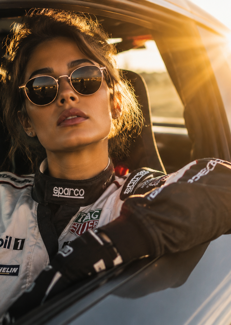 Stylish woman in racing suit and sunglasses, posing in a car with sun flare, exu