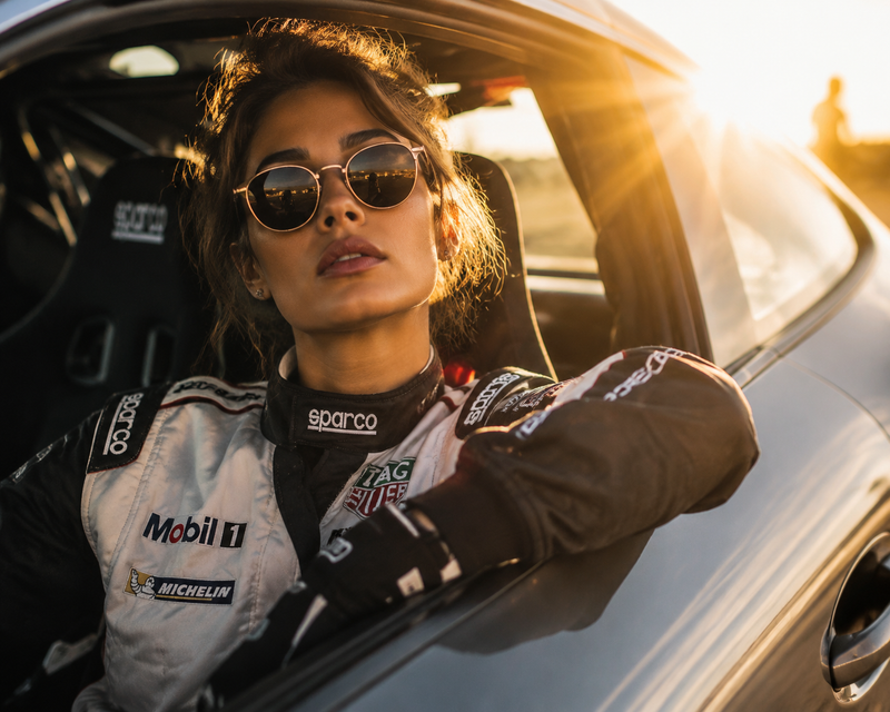 Stylish woman in racing suit and sunglasses, posing in a car with sun flare, exu