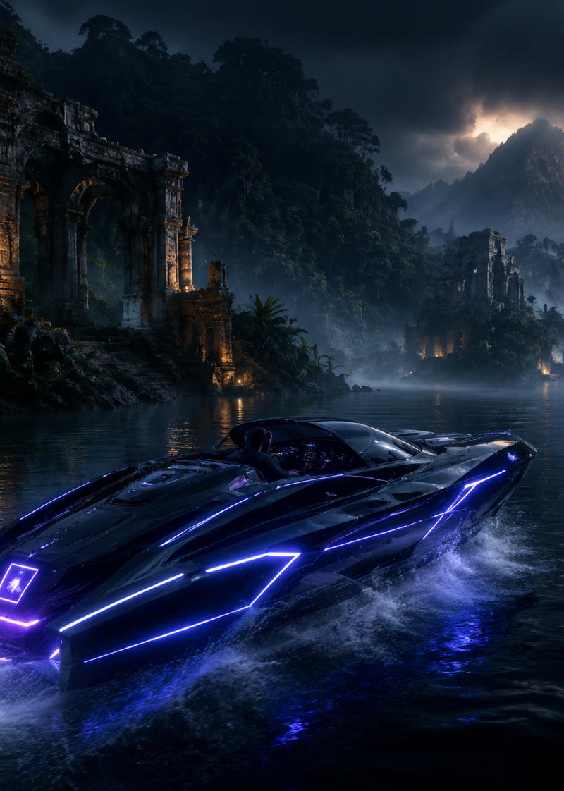A sleek, futuristic boat with glowing neon lights speeds through misty, dark wat