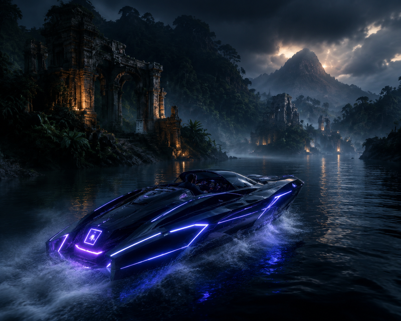 A sleek, futuristic boat with glowing neon lights speeds through misty, dark wat