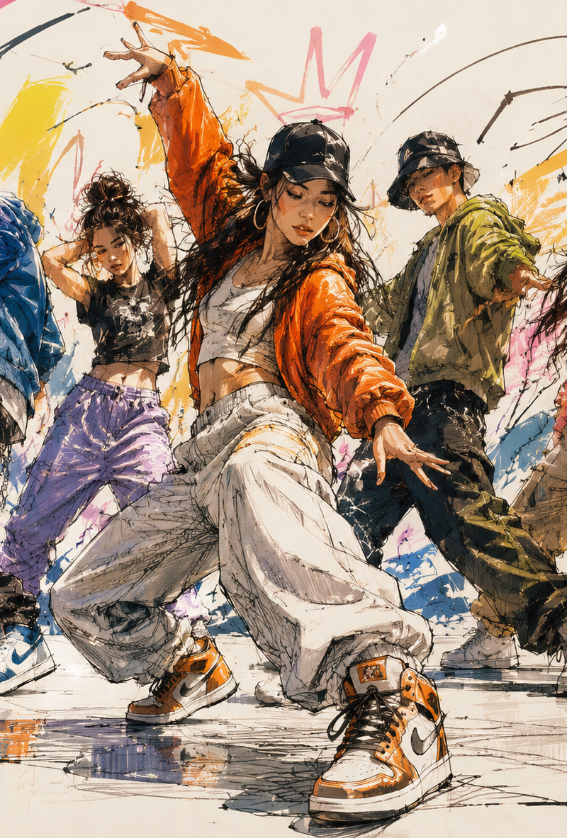 A vibrant, stylized sketch of a group of young people dancing in modern streetwe