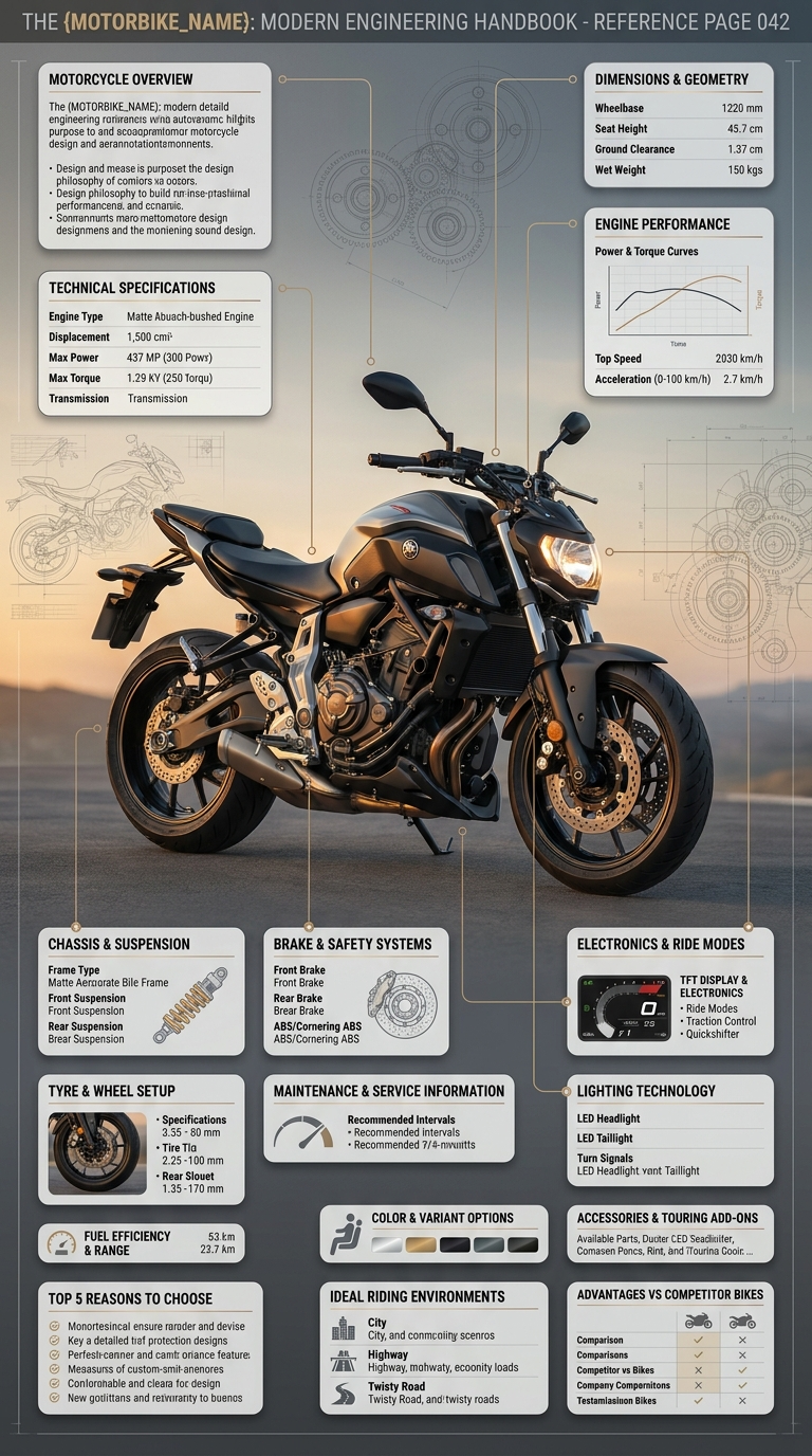Create a premium square “reference-style motorcycle infographic” centered around